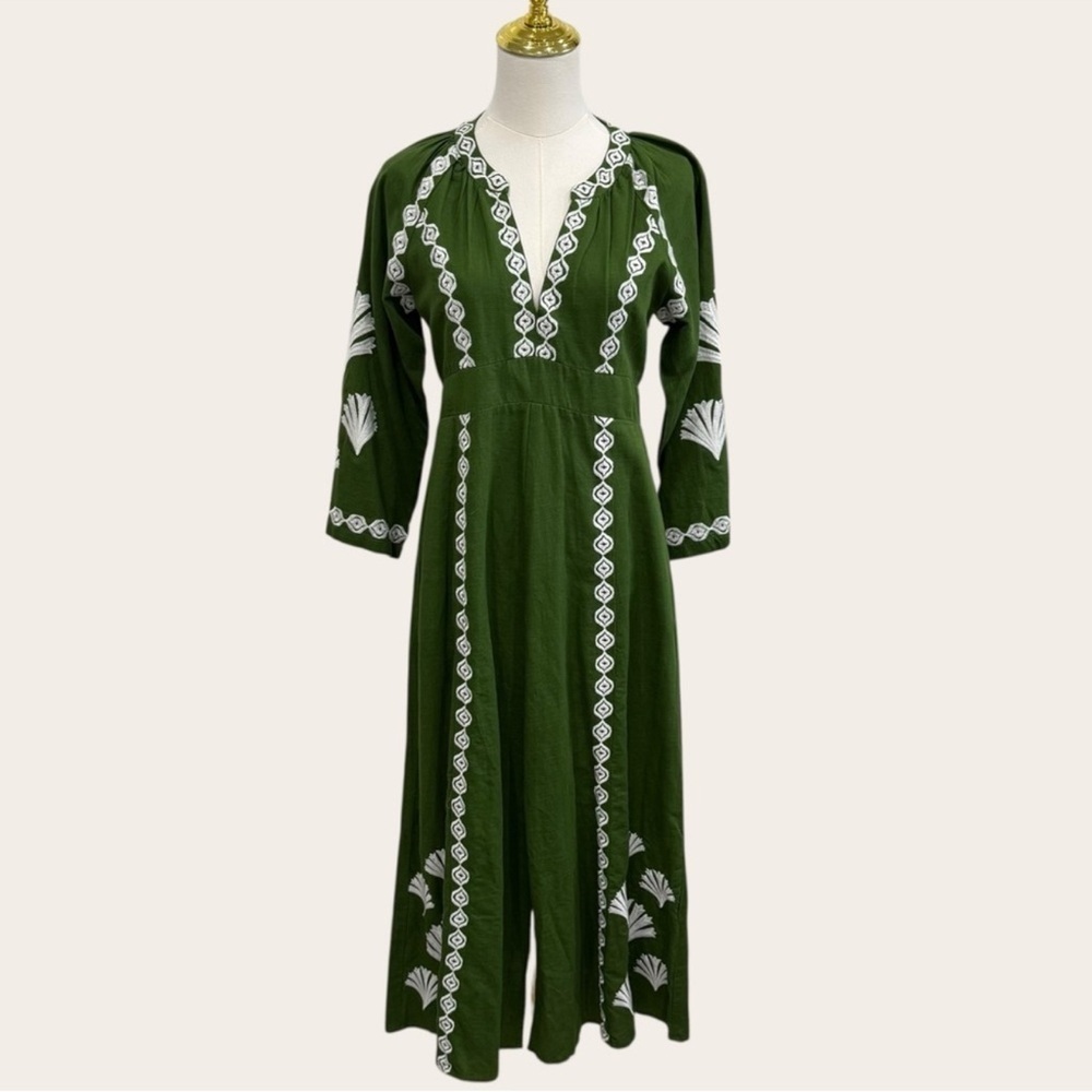 Jude Connally Small Green White Clementine Embroidered Linen Midi Dress NWT $328